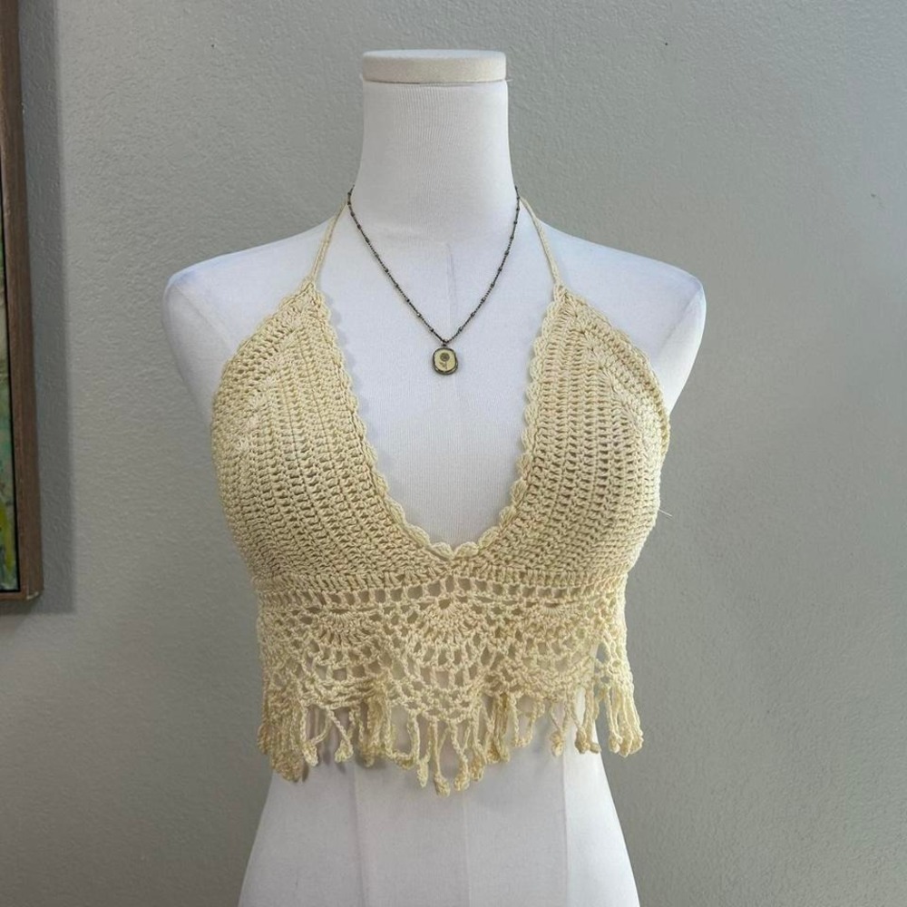 Gypsy Rose Cream Crochet Fringe Halter Top - Size S/M